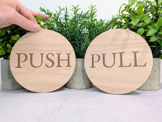 PUSH & PULL Door Sign Set – Circular Oak Veneered Wooden Signs for Entryways, Eco Friendly, Handmade in Wales, 2 Sizes Available - CherryGroveCraft