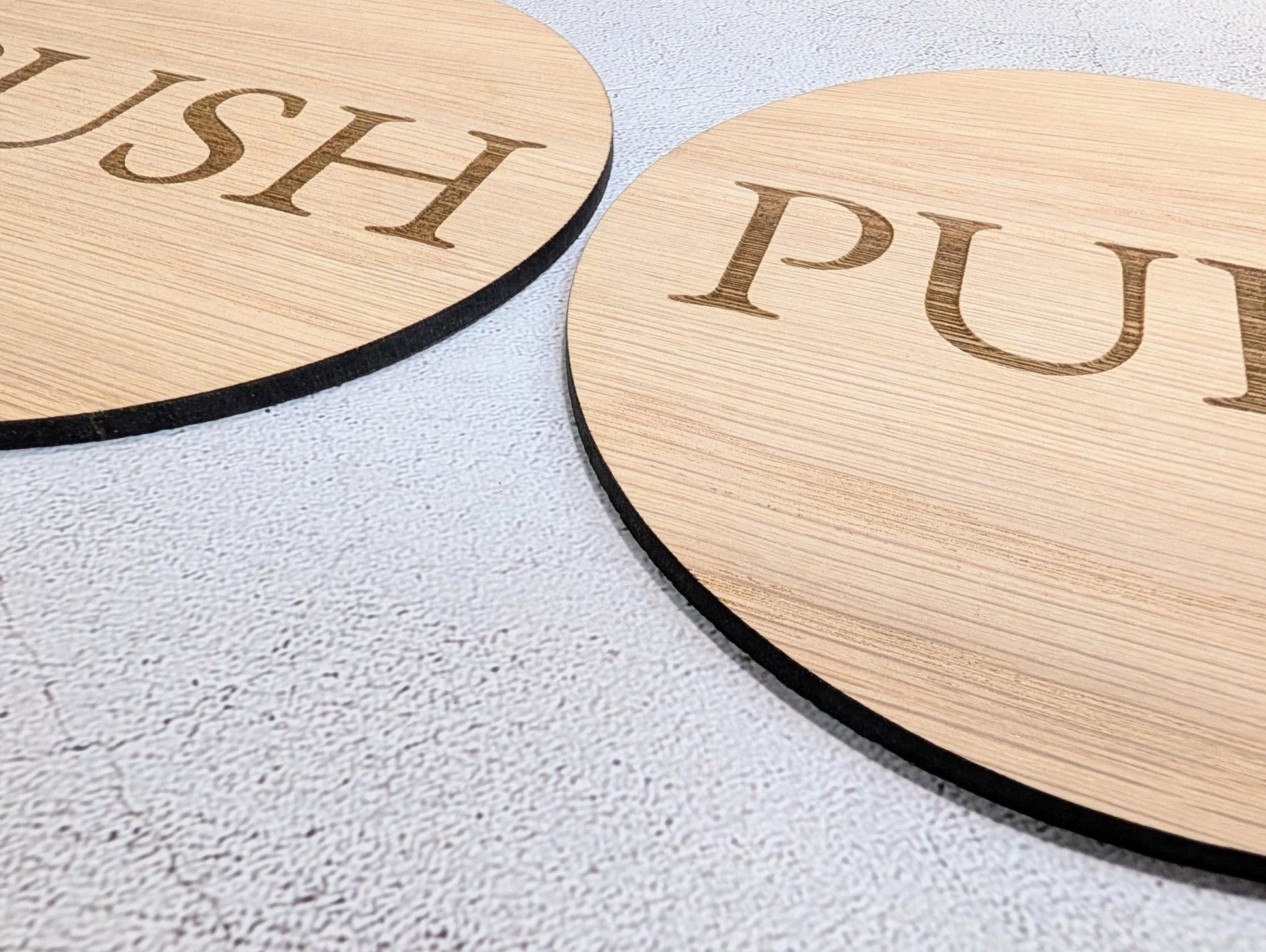 PUSH & PULL Door Sign Set – Circular Oak Veneered Wooden Signs for Entryways, Eco Friendly, Handmade in Wales, 2 Sizes Available - CherryGroveCraft