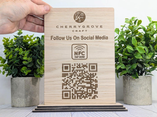 QR Code and NFC 'Follow Us on Social Media' Custom XL Wooden Table Sign, Personalised Logo & Social Media Link, Eco - Friendly, Extra Large - CherryGroveCraft