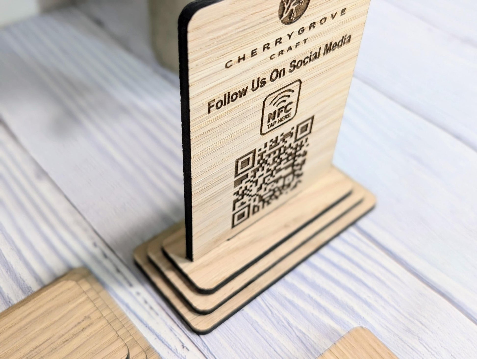 QR Code AND NFC 'Follow Us on Social Media', Tap or Scan Link, Custom Wooden Table Sign, Personalised Logo & Social Media Link, 2 Sizes - CherryGroveCraft