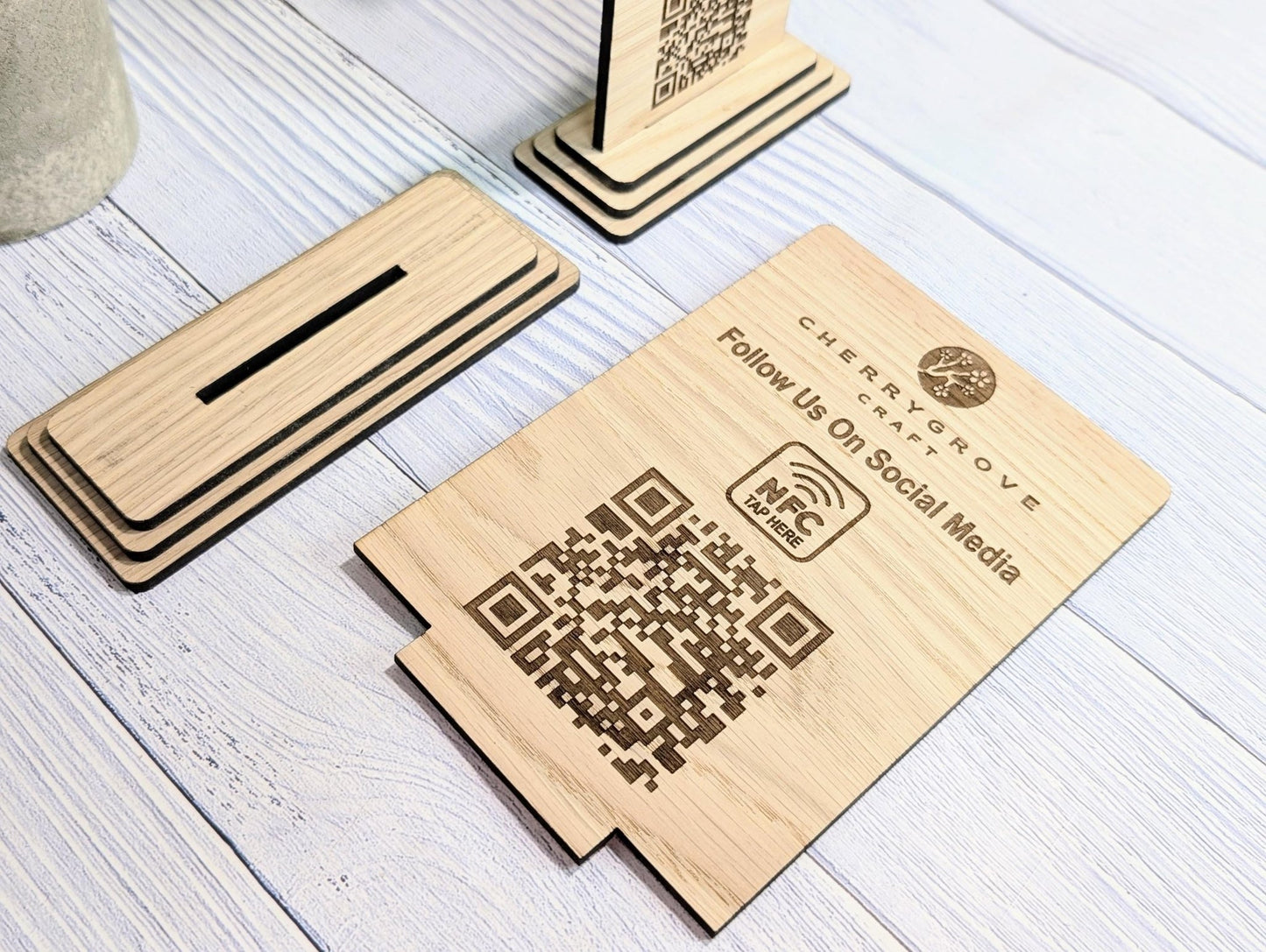 QR Code AND NFC 'Follow Us on Social Media', Tap or Scan Link, Custom Wooden Table Sign, Personalised Logo & Social Media Link, 2 Sizes - CherryGroveCraft