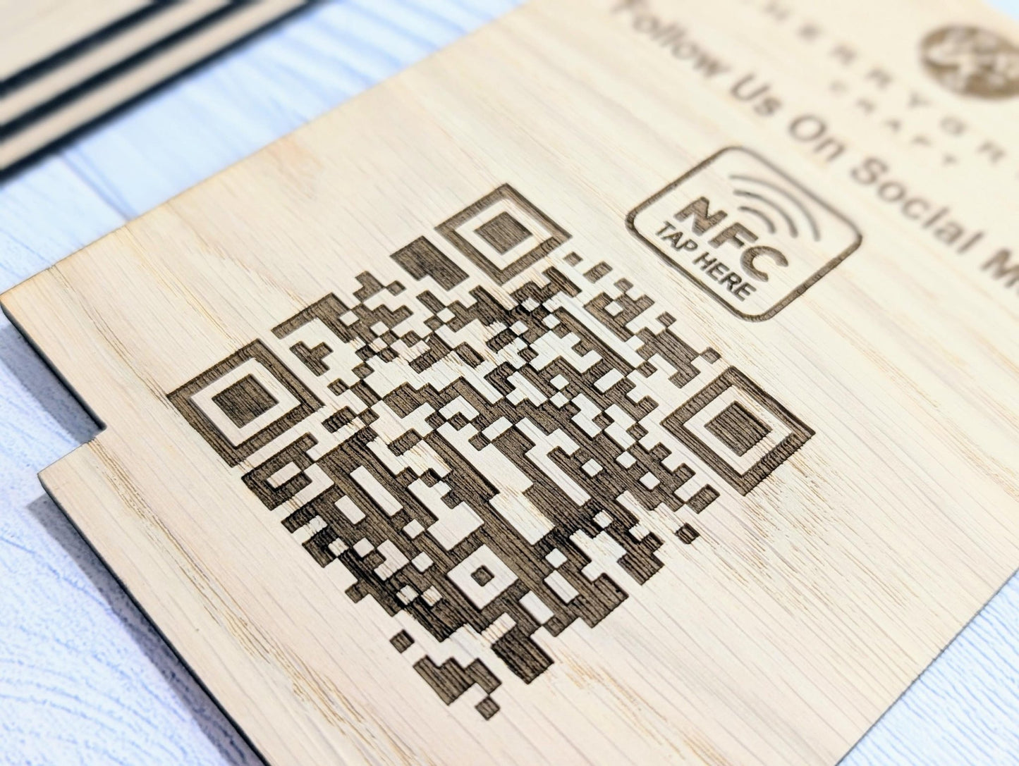 QR Code AND NFC 'Follow Us on Social Media', Tap or Scan Link, Custom Wooden Table Sign, Personalised Logo & Social Media Link, 2 Sizes - CherryGroveCraft