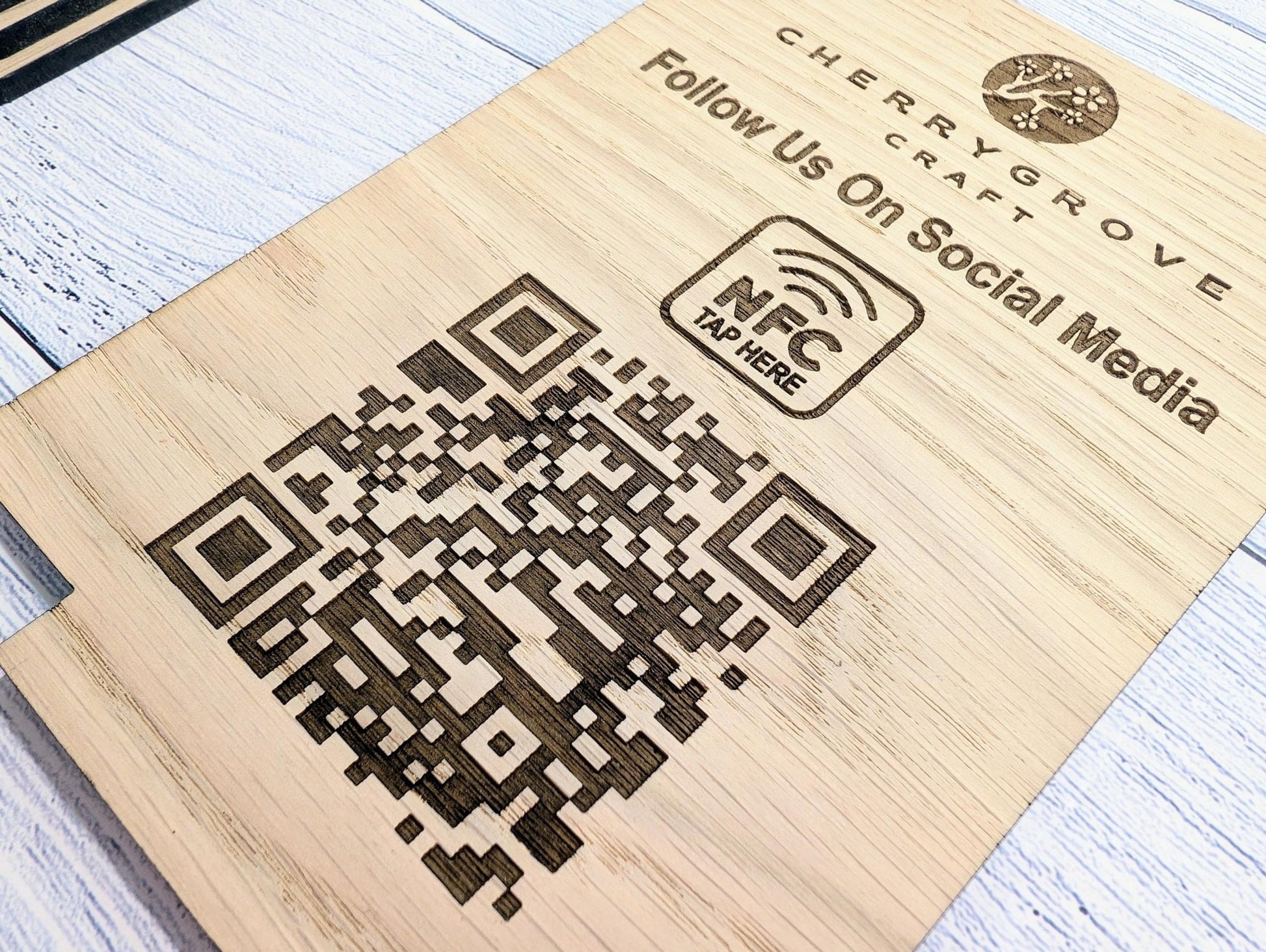 QR Code AND NFC 'Follow Us on Social Media', Tap or Scan Link, Custom Wooden Table Sign, Personalised Logo & Social Media Link, 2 Sizes - CherryGroveCraft