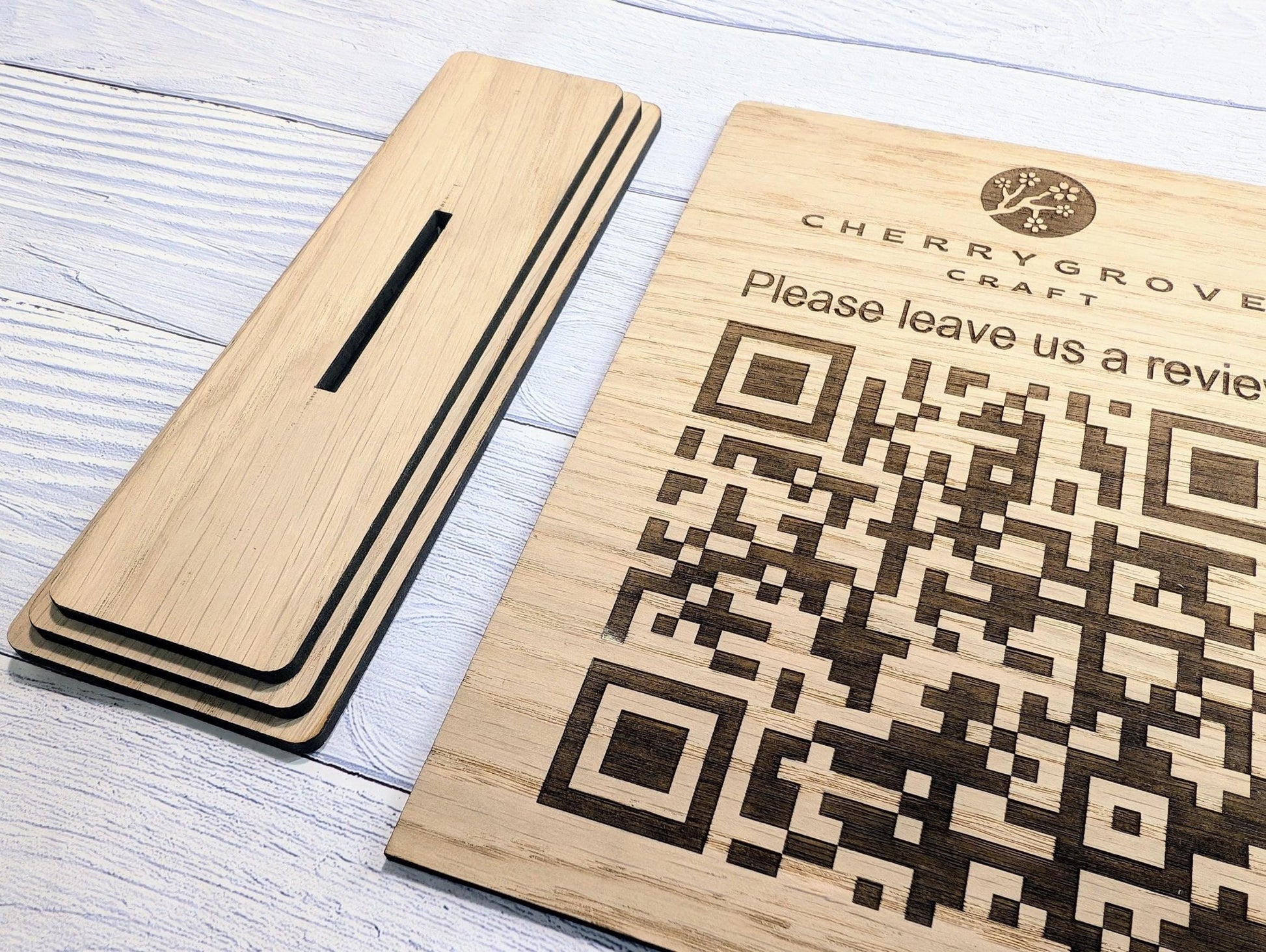 QR Code 'Leave us a review' Custom Wooden Table Sign, Personalised Logo & Link, Eco - Friendly, XL Size | Google, Trustpilot, Tripadvisor etc - CherryGroveCraft