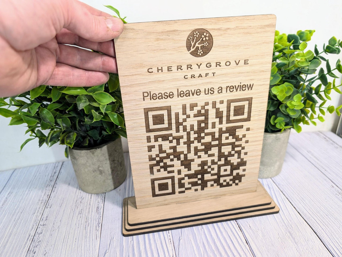 QR Code 'Leave us a review' Custom Wooden Table Sign, Personalised Logo & Link, Eco - Friendly, XL Size | Google, Trustpilot, Tripadvisor etc - CherryGroveCraft