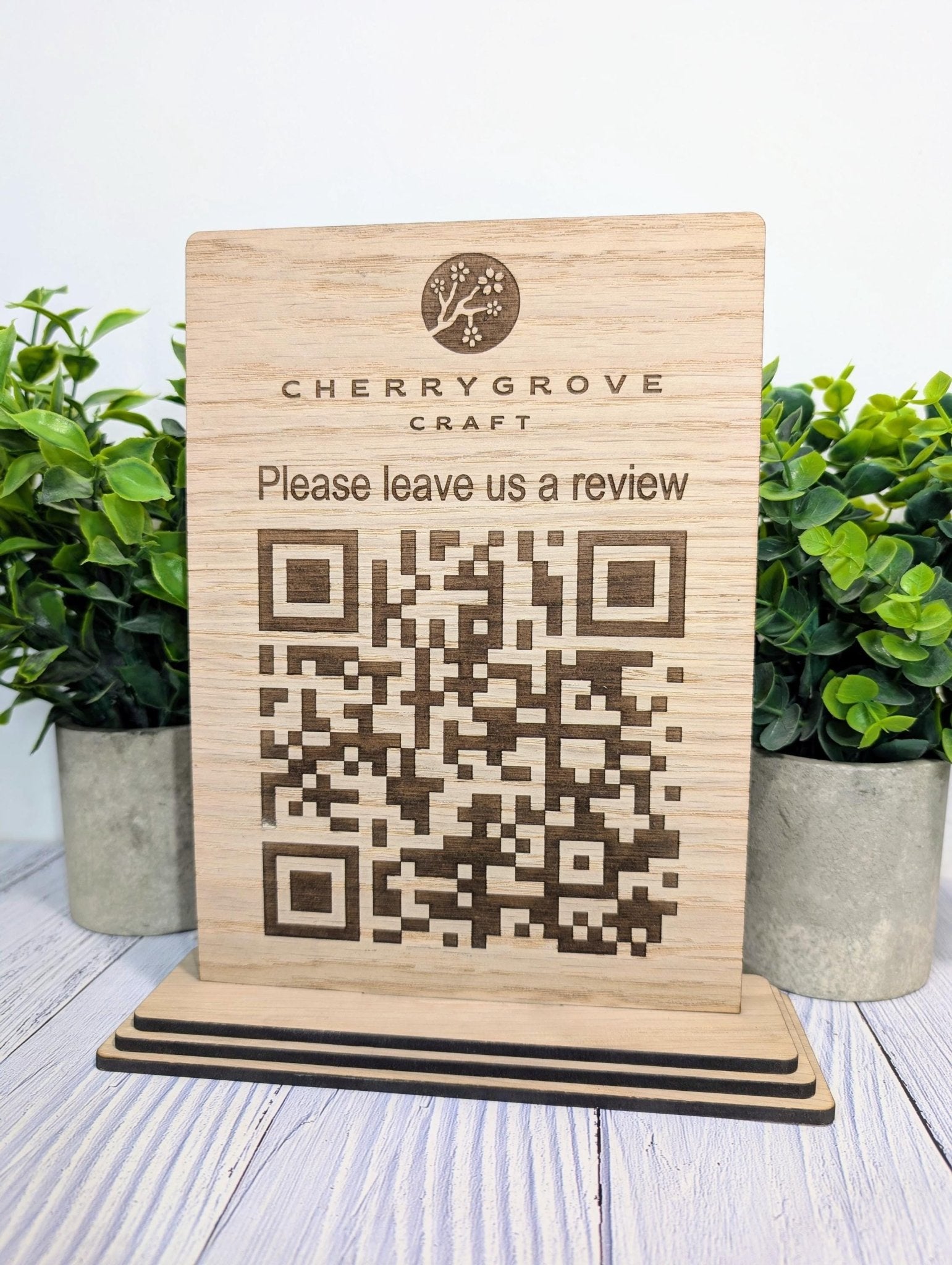 QR Code 'Leave us a review' Custom Wooden Table Sign, Personalised Logo & Link, Eco - Friendly, XL Size | Google, Trustpilot, Tripadvisor etc - CherryGroveCraft