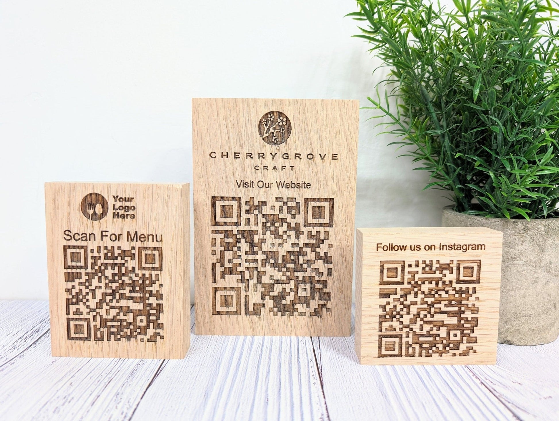 Double-sided QR code oak blocks with logo — both faces engraved