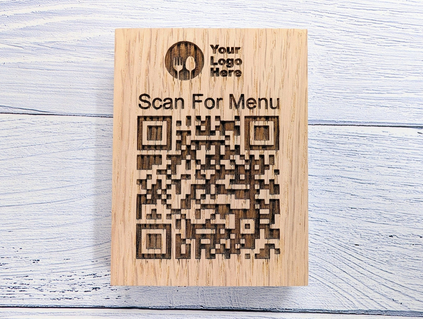 Double-sided QR code oak block with logo — 20mm solid oak