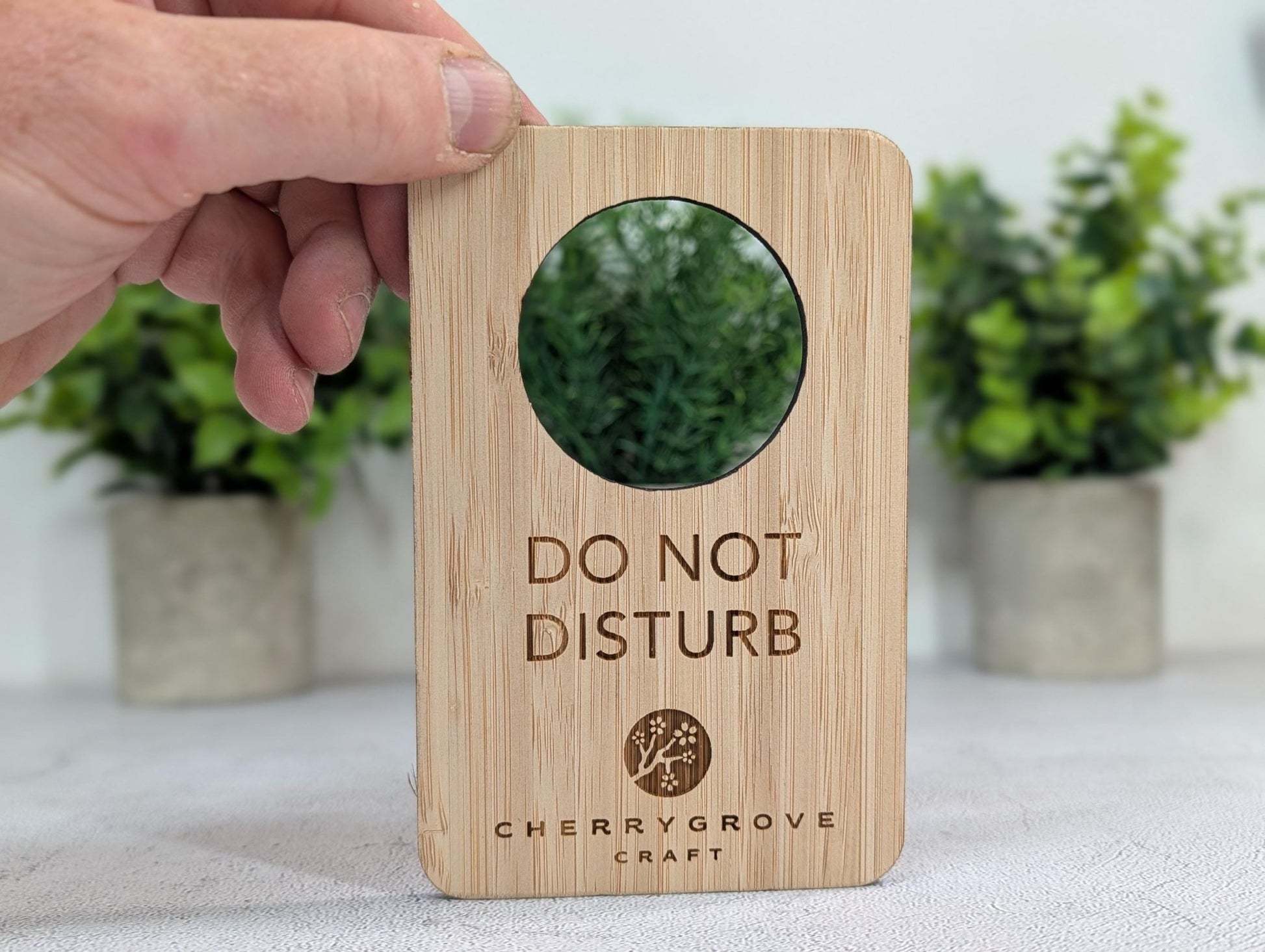 Personalised reversible Do Not Disturb door hanger in 5mm bamboo, 89x137mm