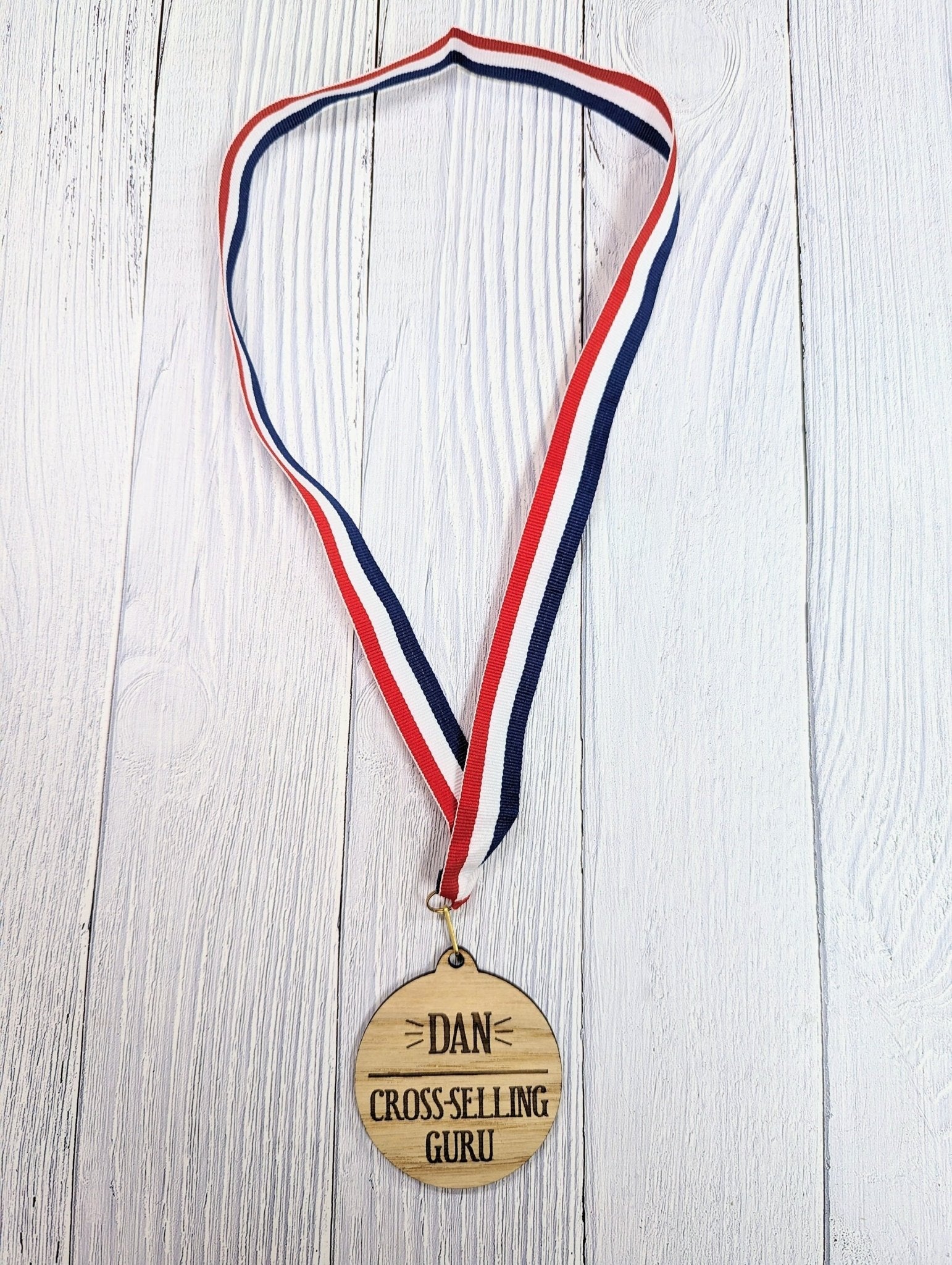 Sales Excellence Wooden Medal: Personalised Award for Motivating Sales Teams with Tri - Coloured Ribbon - CherryGroveCraft