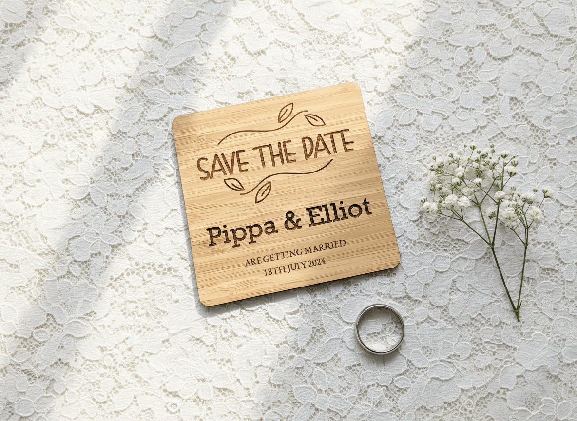 Bamboo save the date coaster with leaf border design, styled table setting