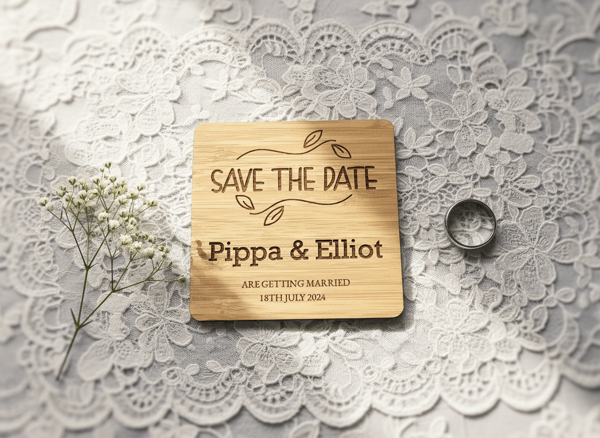 Leaf border bamboo save the date coaster with wedding stationery