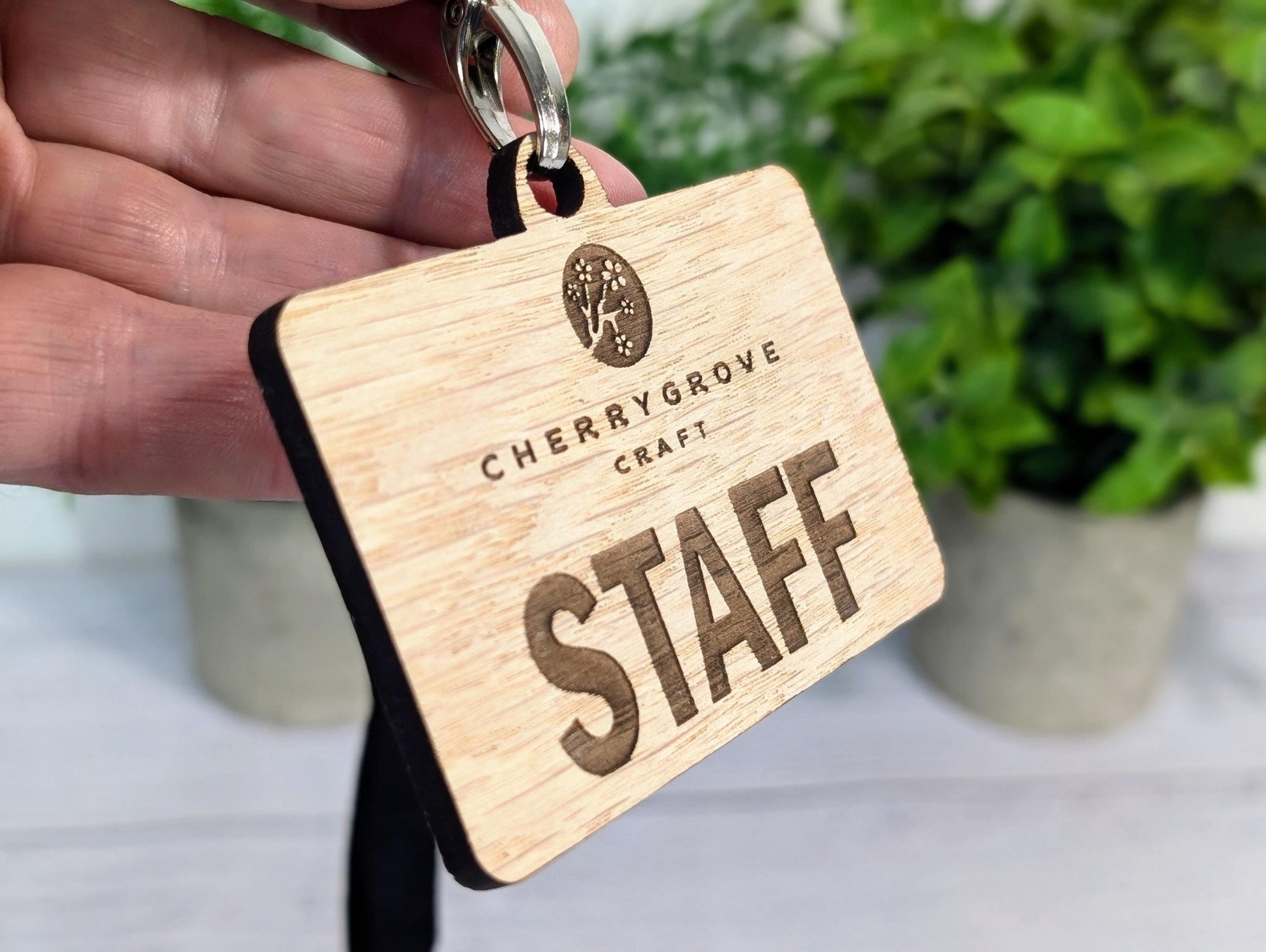 School Staff Badges with Lanyards, Personalised Slogan Oak Veneer Badges on Eco Lanyards - CherryGroveCraft