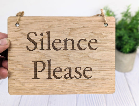 Silence Please - Personalised Wooden Sign - Custom Quiet Area Decor for Libraries, Spas, Study Rooms, Homes, Oak Veneer, Hanging Wall Art - CherryGroveCraft