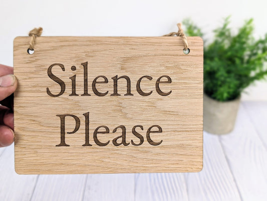 Silence Please - Personalised Wooden Sign - Custom Quiet Area Decor for Libraries, Spas, Study Rooms, Homes, Oak Veneer, Hanging Wall Art - CherryGroveCraft