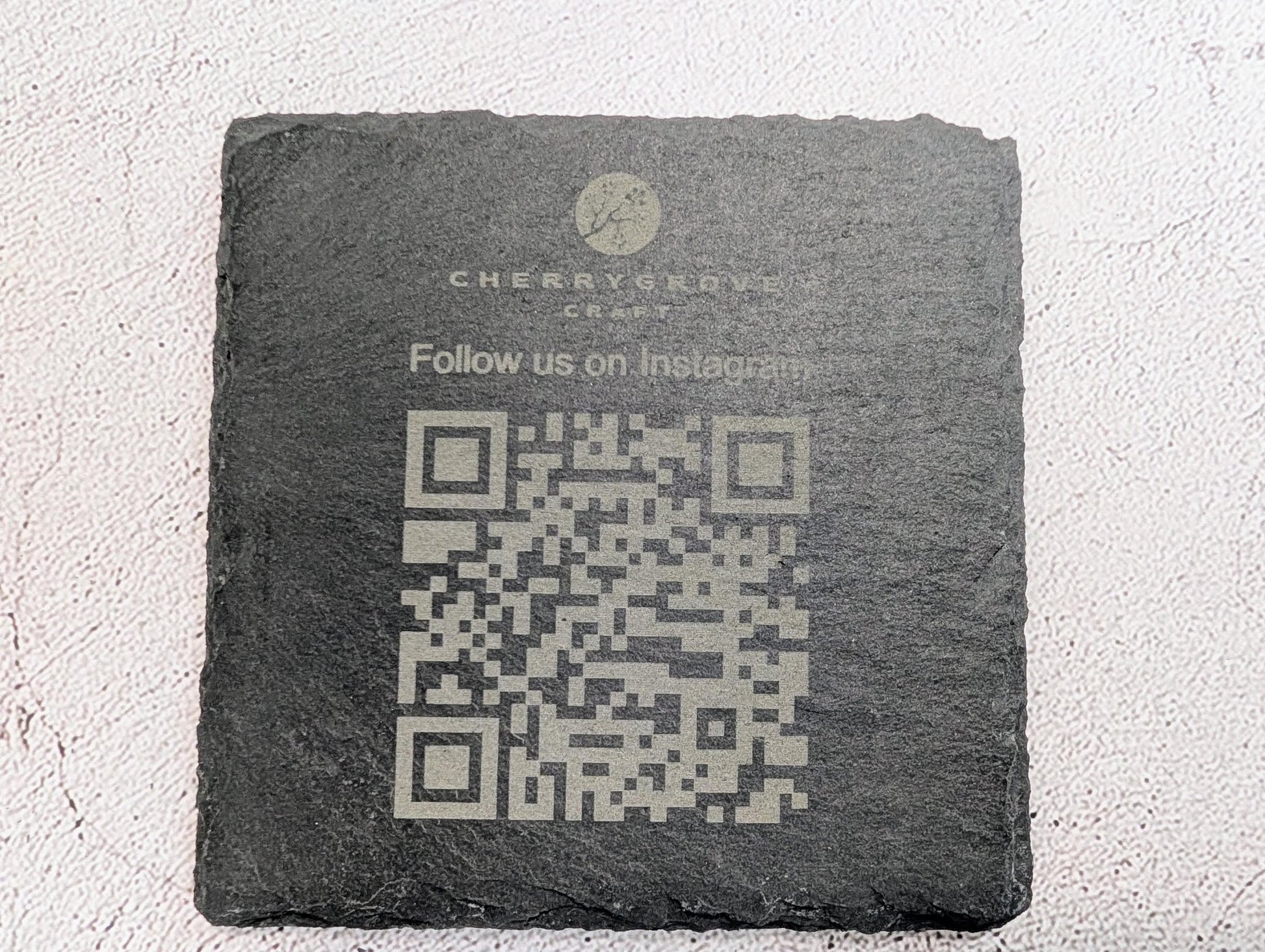 Social Media Slate Coaster – Engraved QR Code Business Promo, Follow Us Coaster, Handmade in Wales, Plastic - Free Packaging - CherryGroveCraft