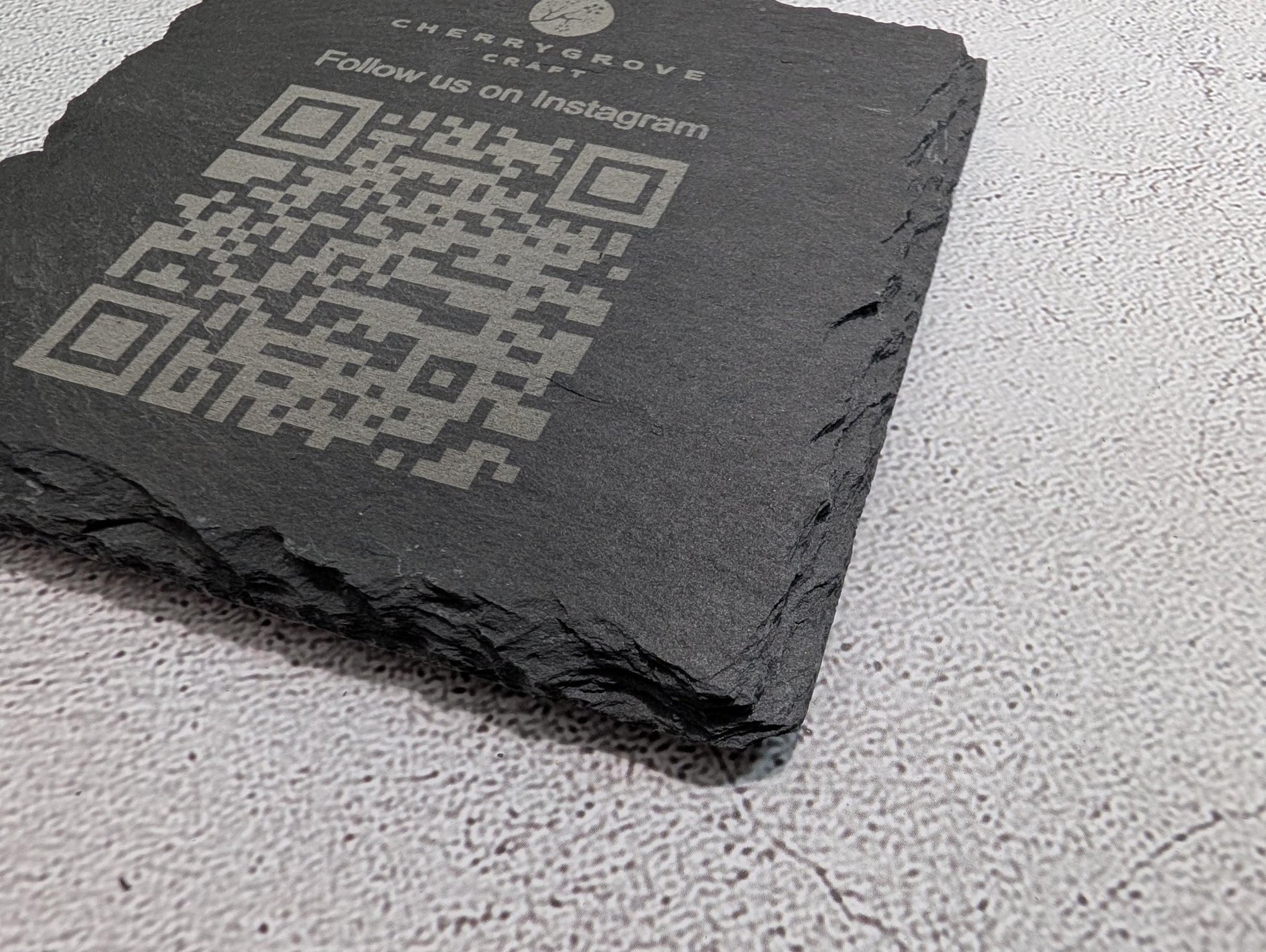 Social Media Slate Coaster – Engraved QR Code Business Promo, Follow Us Coaster, Handmade in Wales, Plastic - Free Packaging - CherryGroveCraft