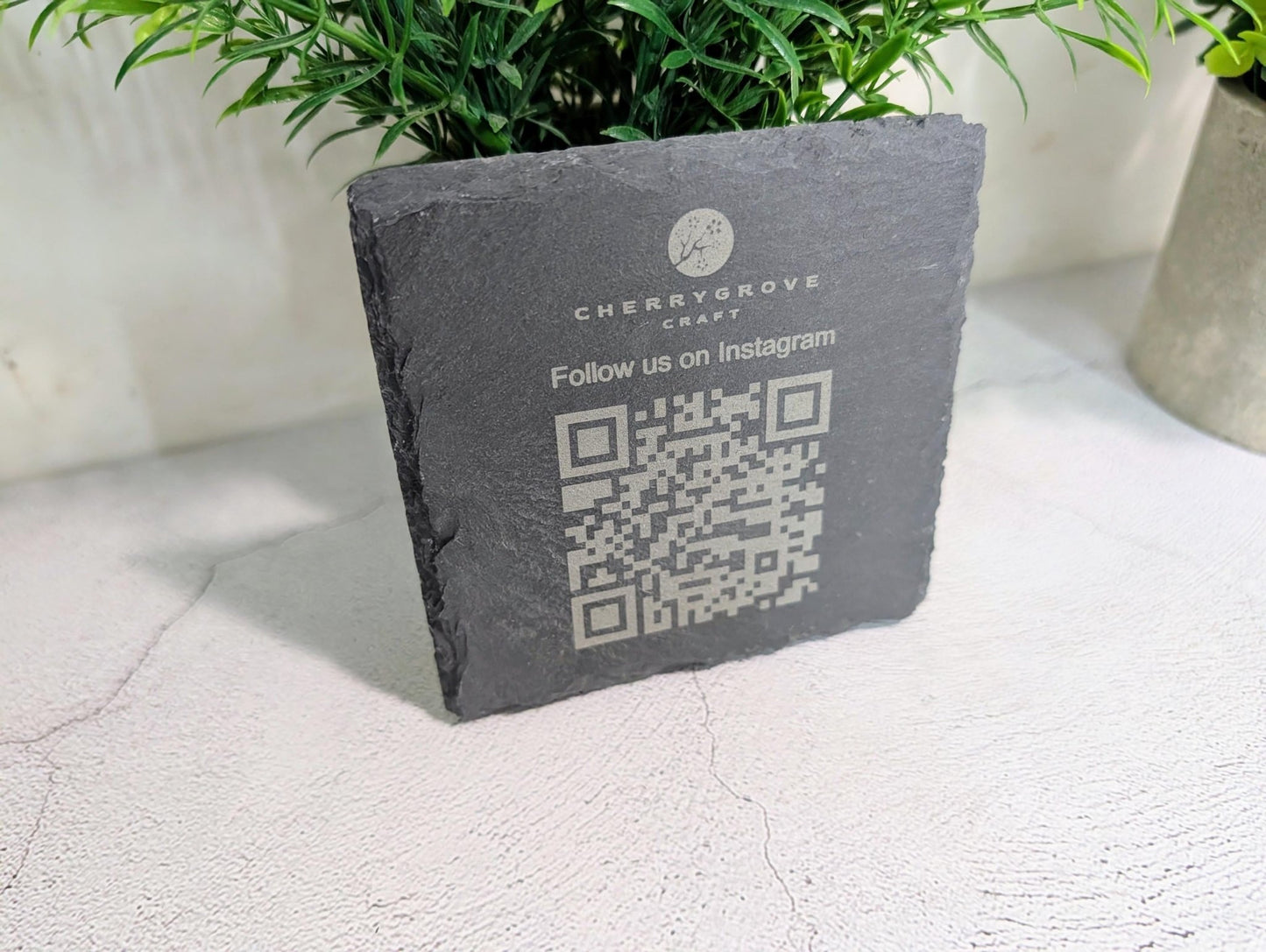 Social Media Slate Coaster – Engraved QR Code Business Promo, Follow Us Coaster, Handmade in Wales, Plastic - Free Packaging - CherryGroveCraft