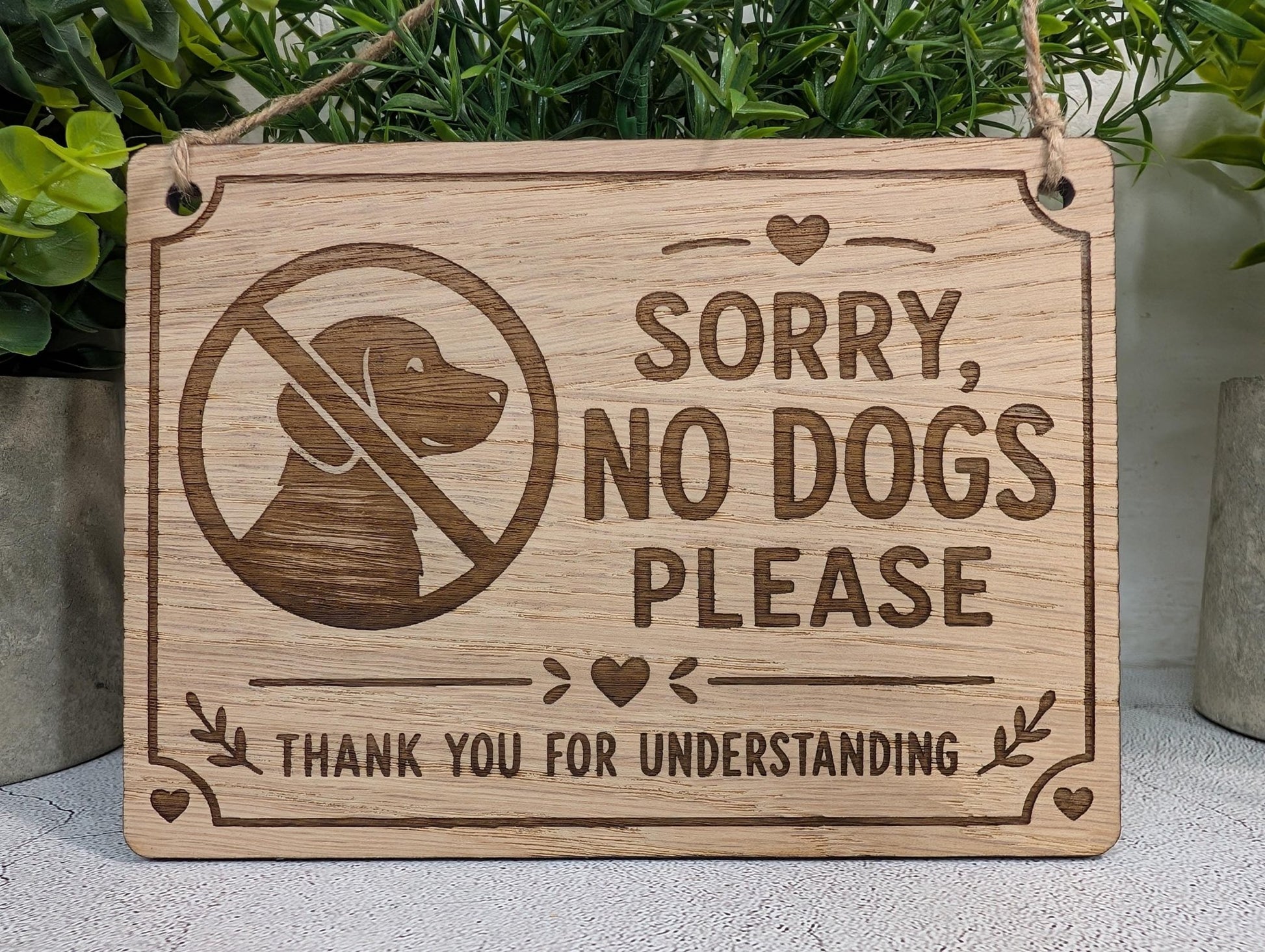 Sorry No Dogs Please oak hanging sign displayed on a wall