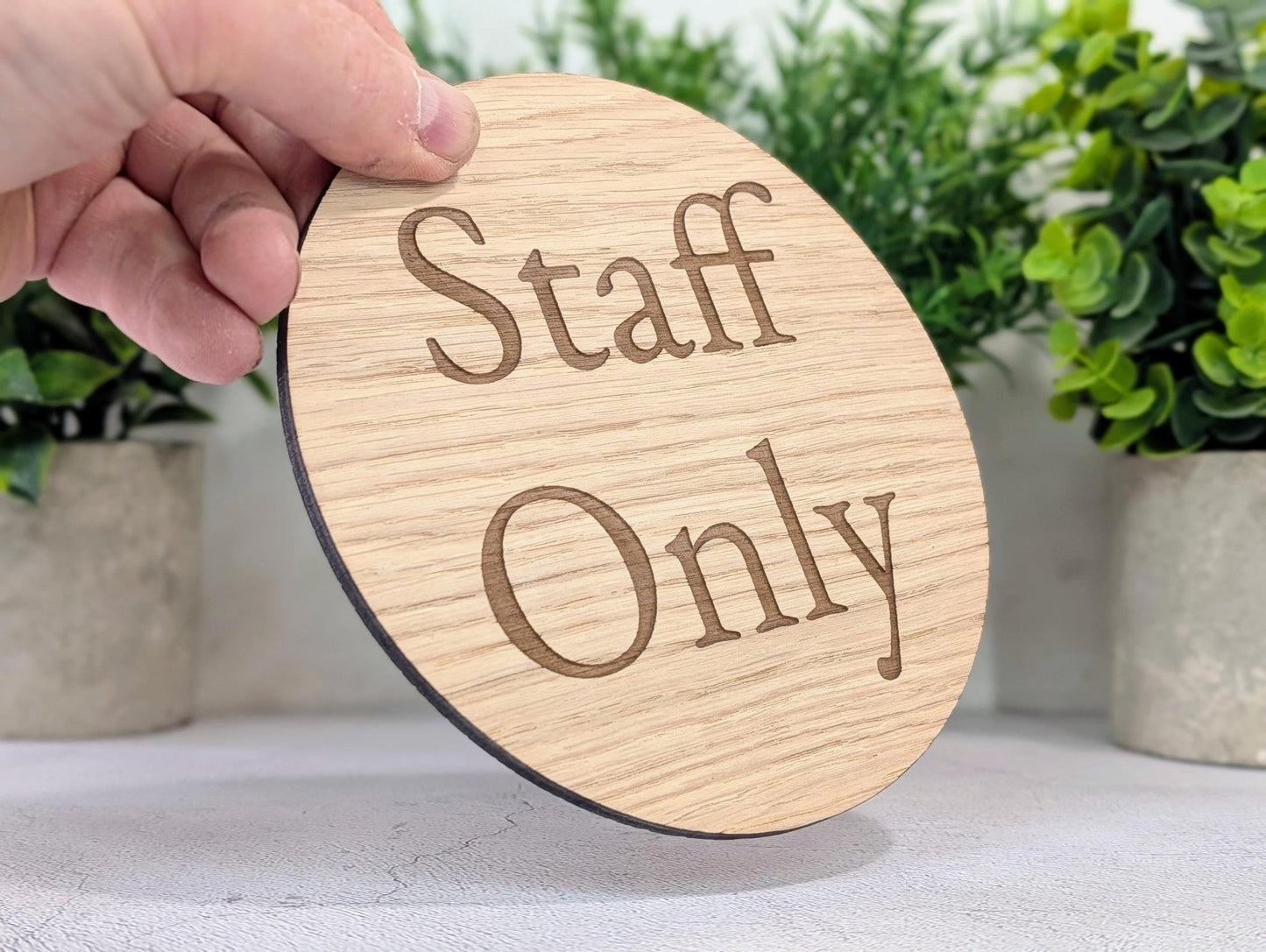 Staff Only Door Sign – Circular Oak Veneered Wooden Sign for Business, Indoor Use Only, Handmade in Wales, Plastic - Free Packaging - CherryGroveCraft