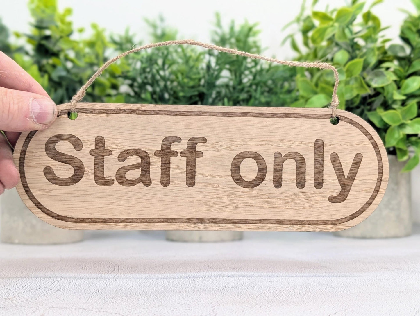 Staff Only oak sign — Small 103x34mm, natural jute twine hanging loop