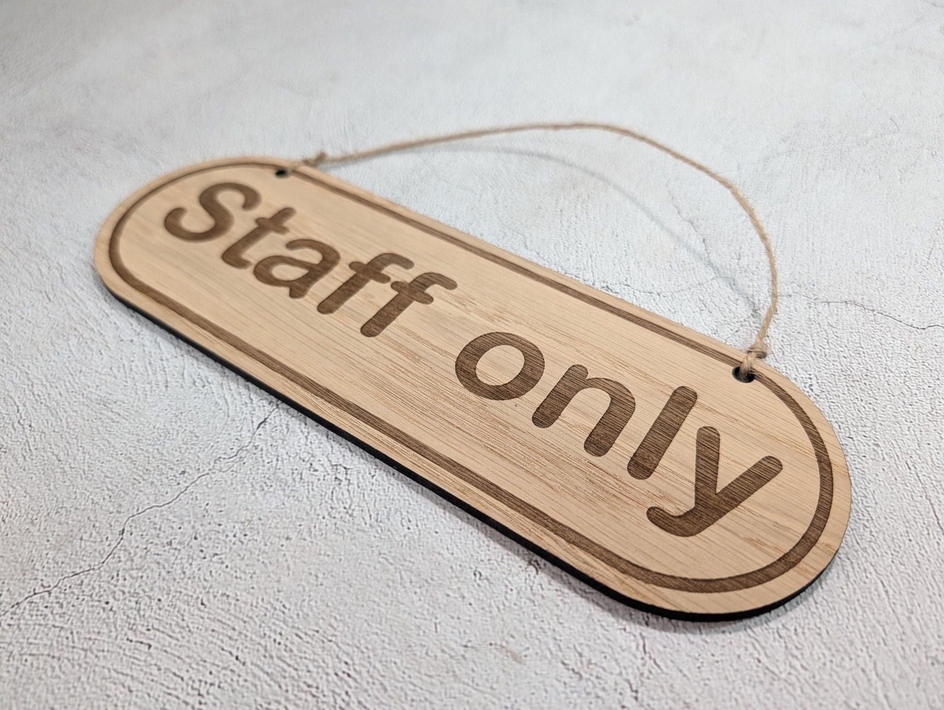 Staff Only oak sign — XL 270x90mm, all four sizes comparison