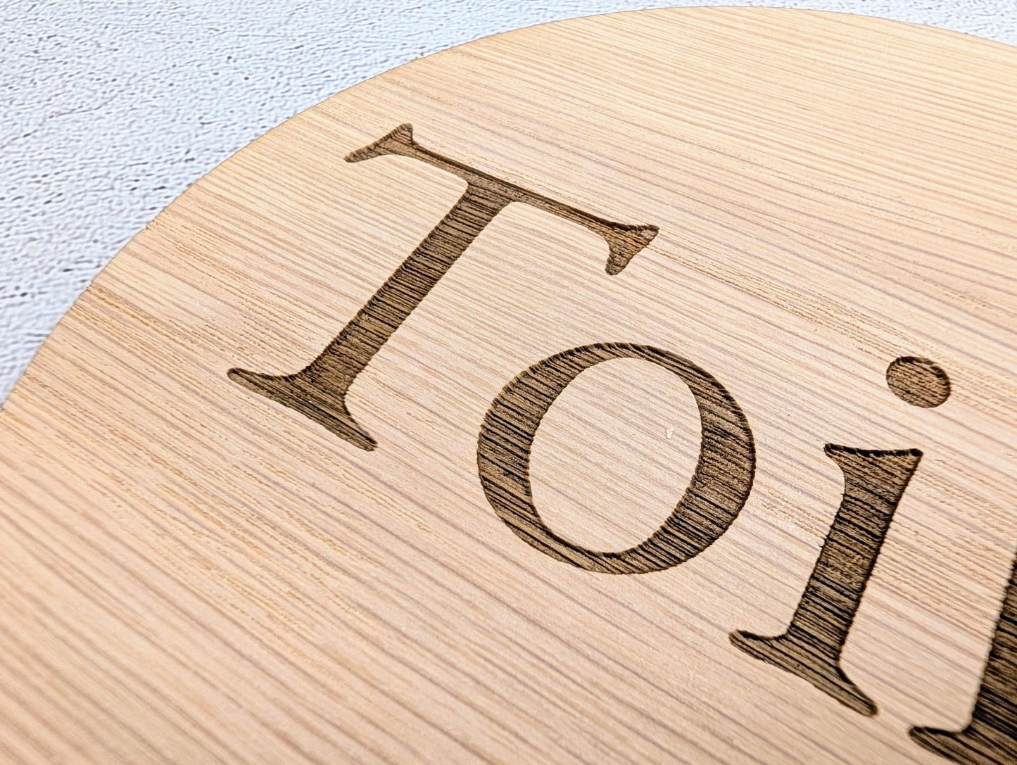 Toilet Door Sign – Circular Oak Veneered Wooden Bathroom Sign, Indoor Use Only, Handmade in Wales, Plastic - Free Packaging, 2 Sizes - CherryGroveCraft