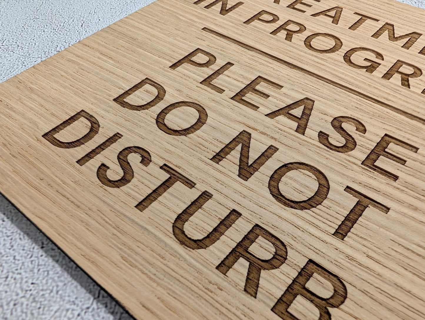 Treatment in Progress square sign packaging, oak veneered MDF