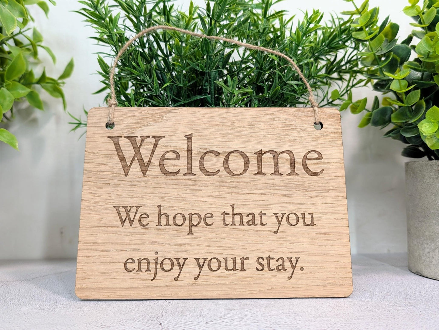 Welcome Sign – Oak Veneered Wooden Hanging Sign for Holiday Lets, Guest Rooms and B&Bs, Handmade in Wales, Eco Friendly Packaging, 4 Sizes - CherryGroveCraft