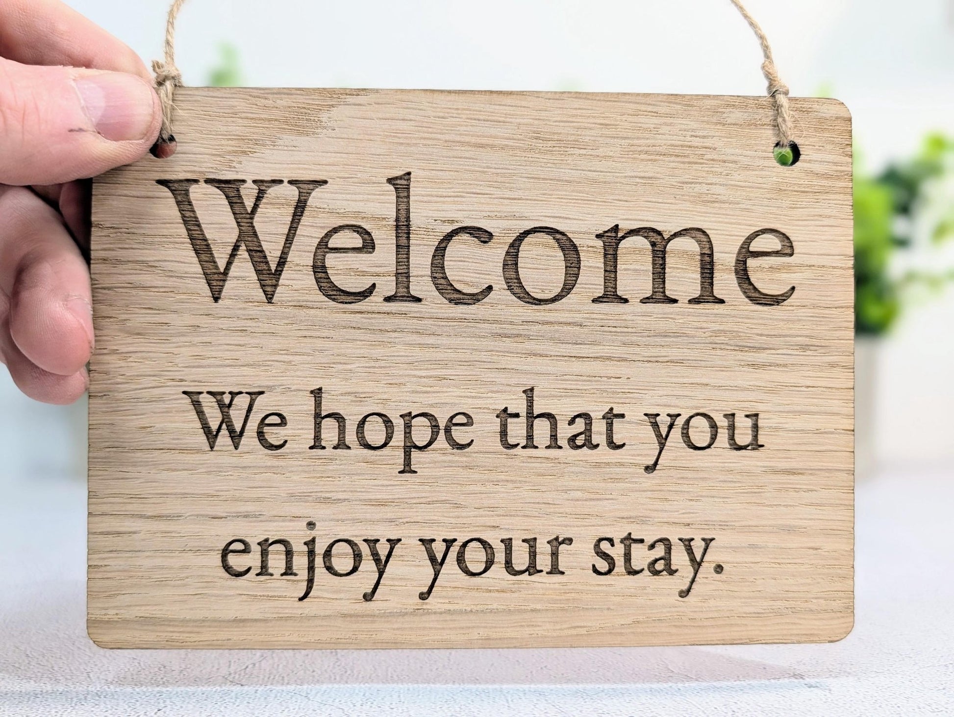 Welcome Sign – Oak Veneered Wooden Hanging Sign for Holiday Lets, Guest Rooms and B&Bs, Handmade in Wales, Eco Friendly Packaging, 4 Sizes - CherryGroveCraft