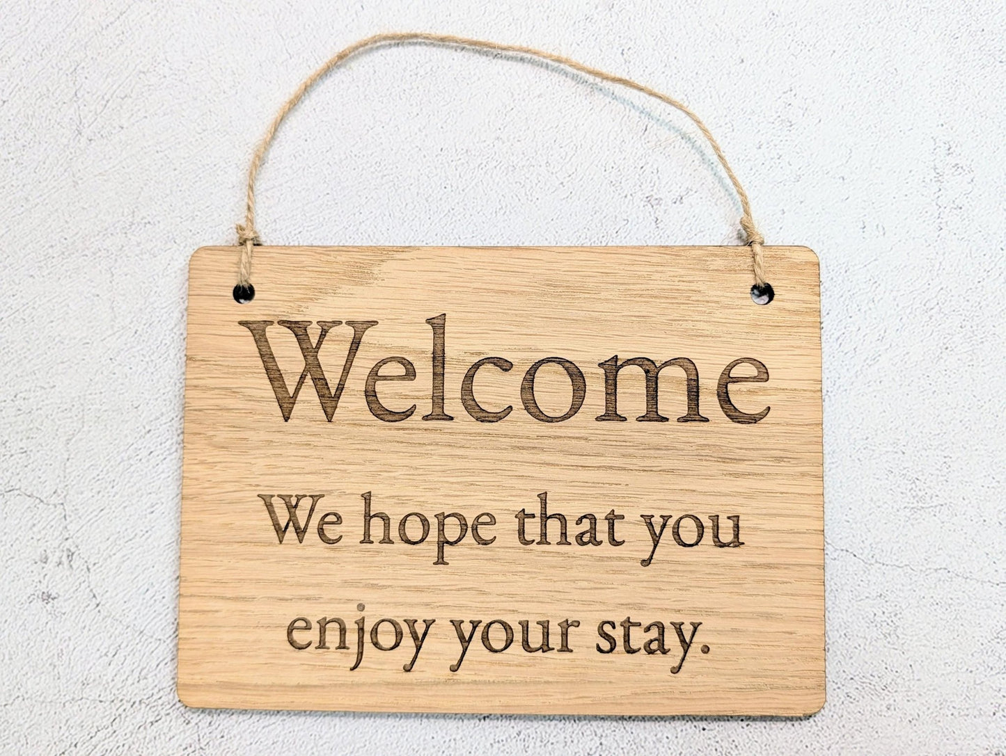 Welcome Sign – Oak Veneered Wooden Hanging Sign for Holiday Lets, Guest Rooms and B&Bs, Handmade in Wales, Eco Friendly Packaging, 4 Sizes - CherryGroveCraft