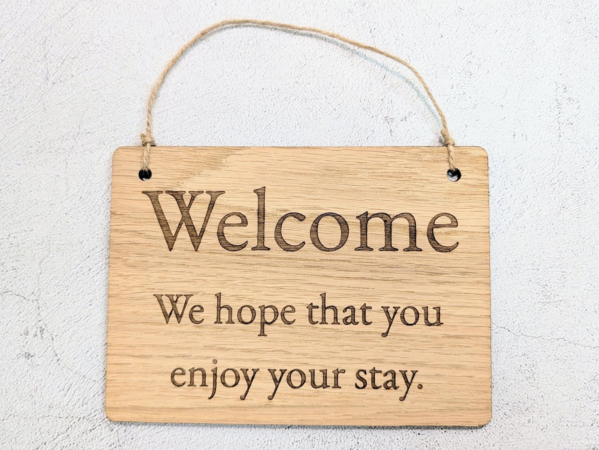 Welcome Sign – Oak Veneered Wooden Hanging Sign for Holiday Lets, Guest Rooms and B&Bs, Handmade in Wales, Eco Friendly Packaging, 4 Sizes - CherryGroveCraft