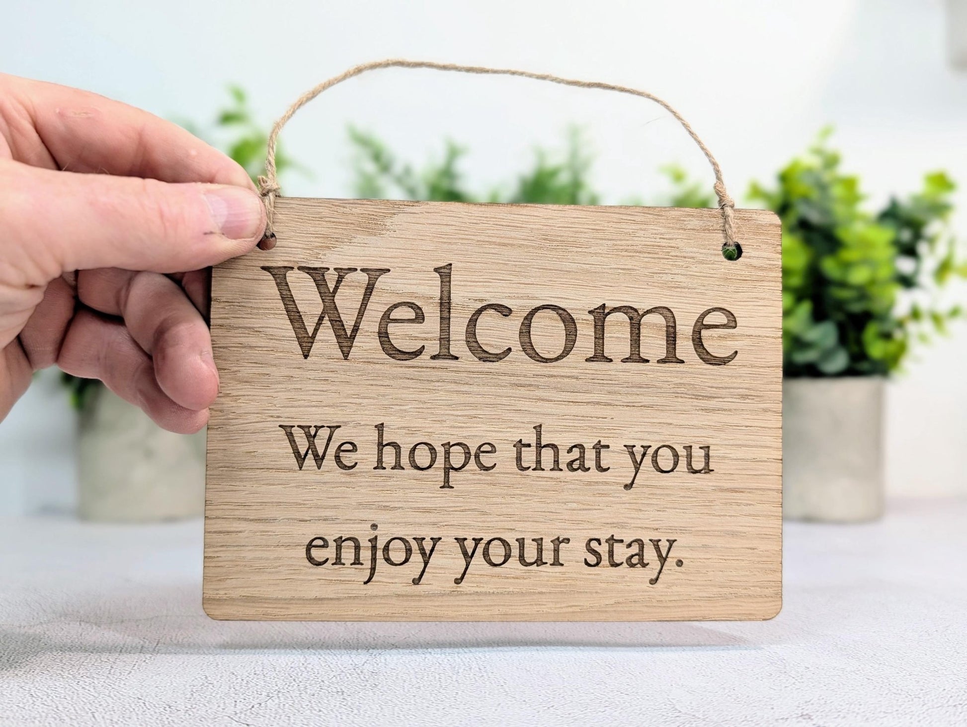 Welcome Sign – Oak Veneered Wooden Hanging Sign for Holiday Lets, Guest Rooms and B&Bs, Handmade in Wales, Eco Friendly Packaging, 4 Sizes - CherryGroveCraft