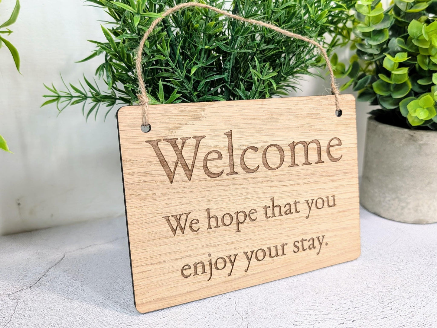 Welcome Sign – Oak Veneered Wooden Hanging Sign for Holiday Lets, Guest Rooms and B&Bs, Handmade in Wales, Eco Friendly Packaging, 4 Sizes - CherryGroveCraft