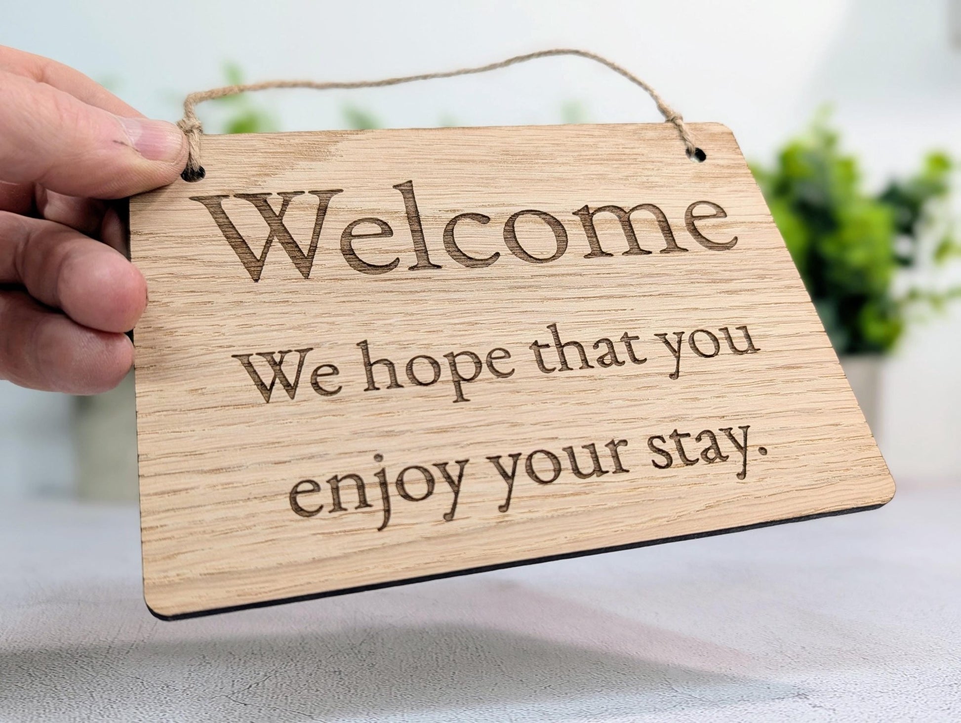 Welcome Sign – Oak Veneered Wooden Hanging Sign for Holiday Lets, Guest Rooms and B&Bs, Handmade in Wales, Eco Friendly Packaging, 4 Sizes - CherryGroveCraft