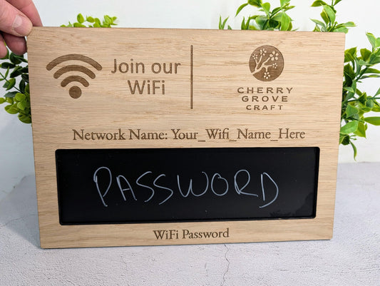 WiFi password sign — A4 landscape oak with wipeable blackboard area
