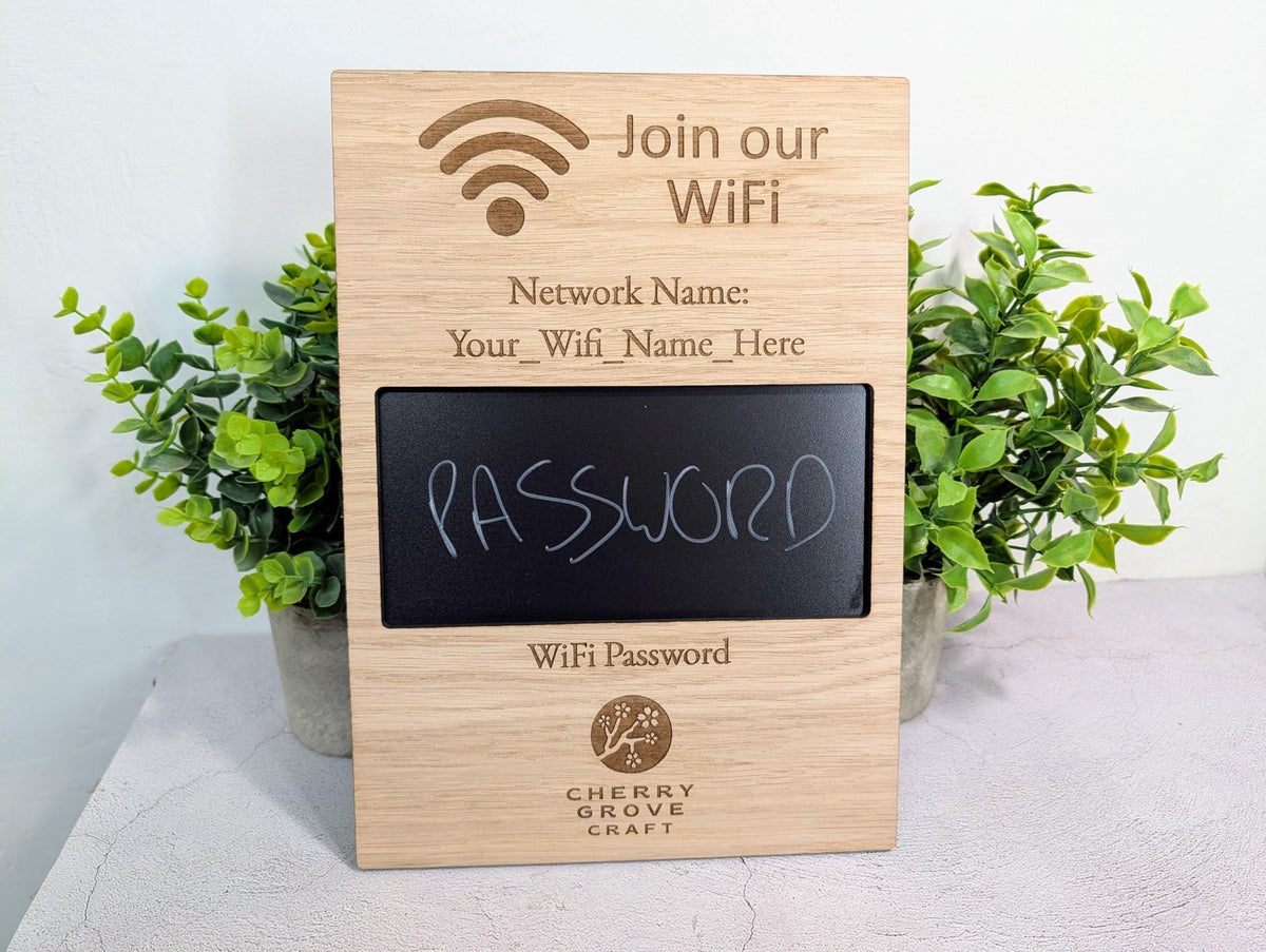 WiFi password blackboard sign — password written with chalk pen