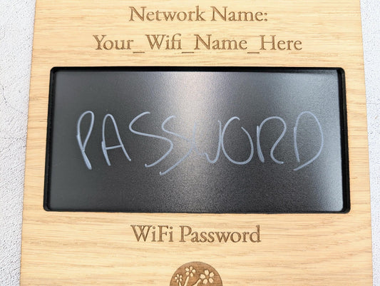 Wipeable WiFi blackboard sign — engraved network name, A4 portrait
