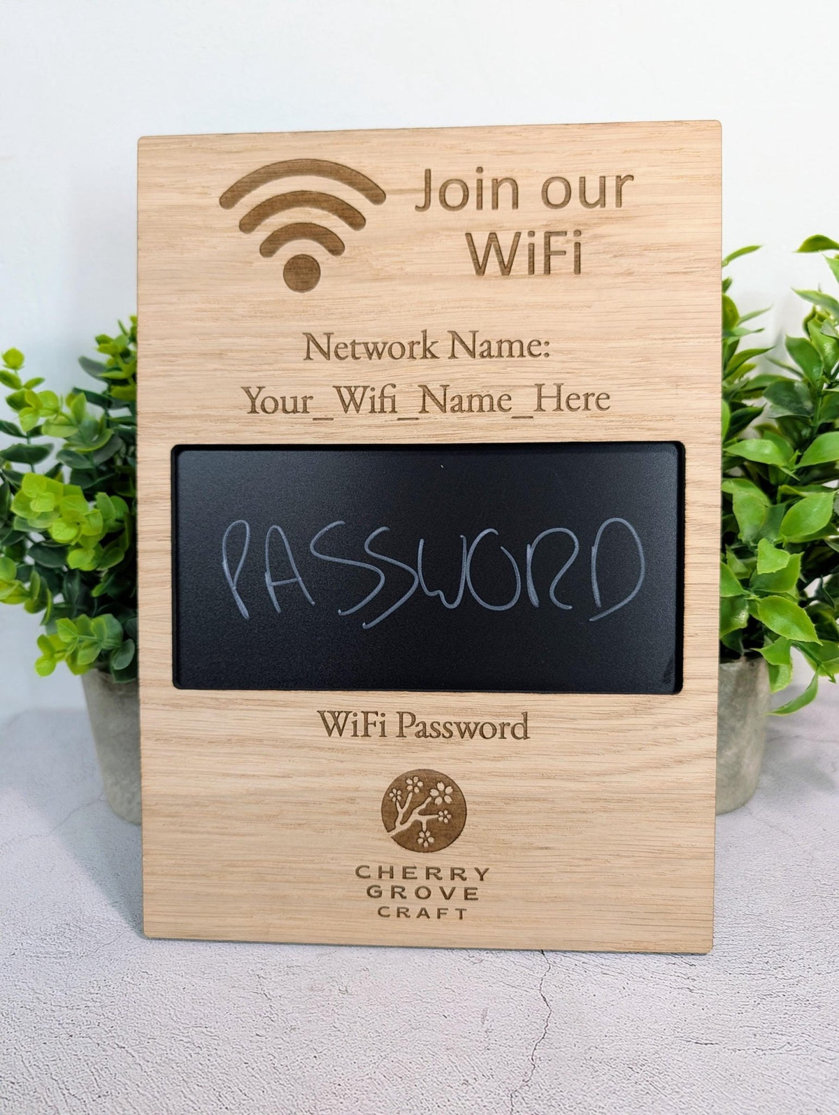 Wipeable WiFi sign, A4 portrait, without stand — oak veneer
