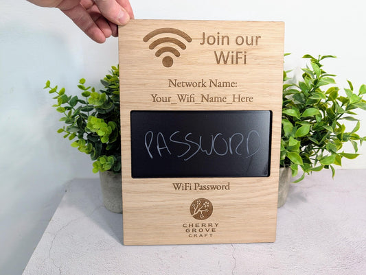 WiFi password sign — A4 portrait oak with wipeable blackboard area