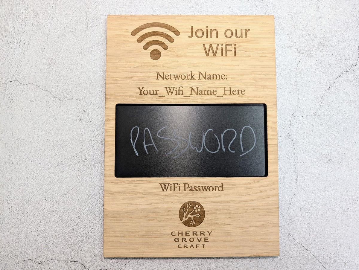 Reusable WiFi password sign — engraved oak heading, wipeable board