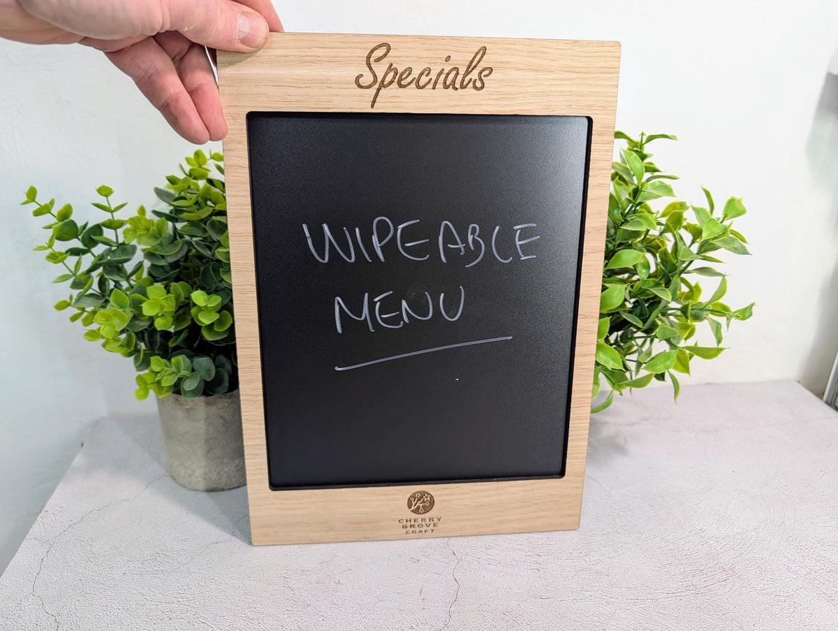 Oak specials board with engraved heading and wipeable blackboard face