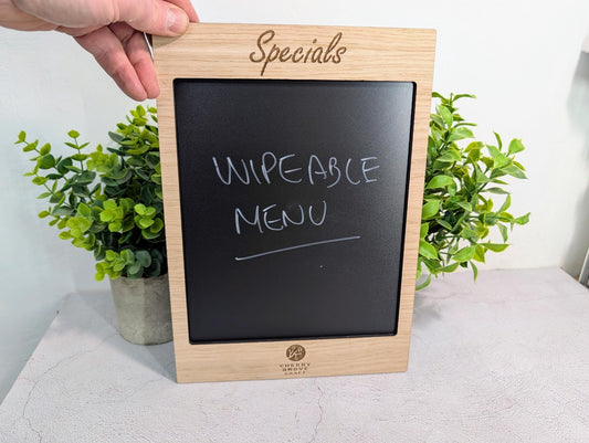 Oak specials board with engraved heading and wipeable blackboard face