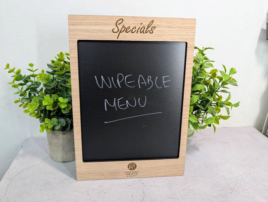 Wipeable specials board — A4 portrait oak with blackboard writing area