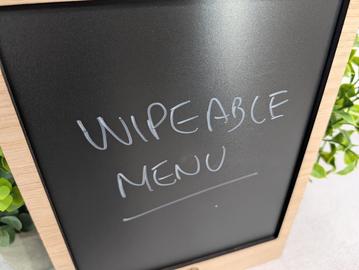 A4 blackboard specials board with engraved logo — oak veneered MDF