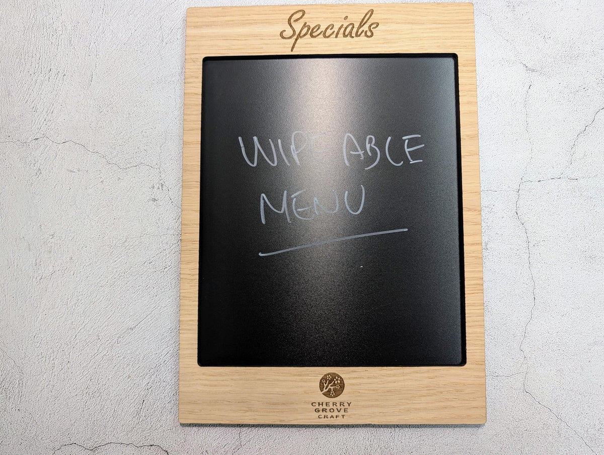 Oak and blackboard daily menu board for cafes and delis