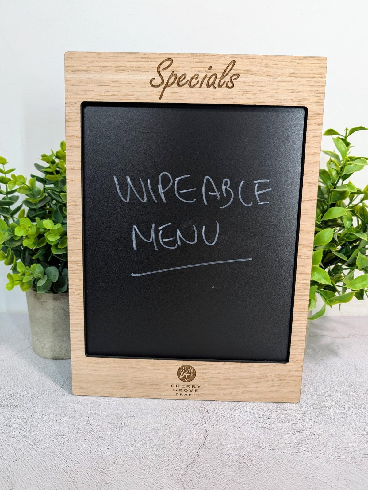 Wipeable specials board without stand — A4 portrait oak and blackboard