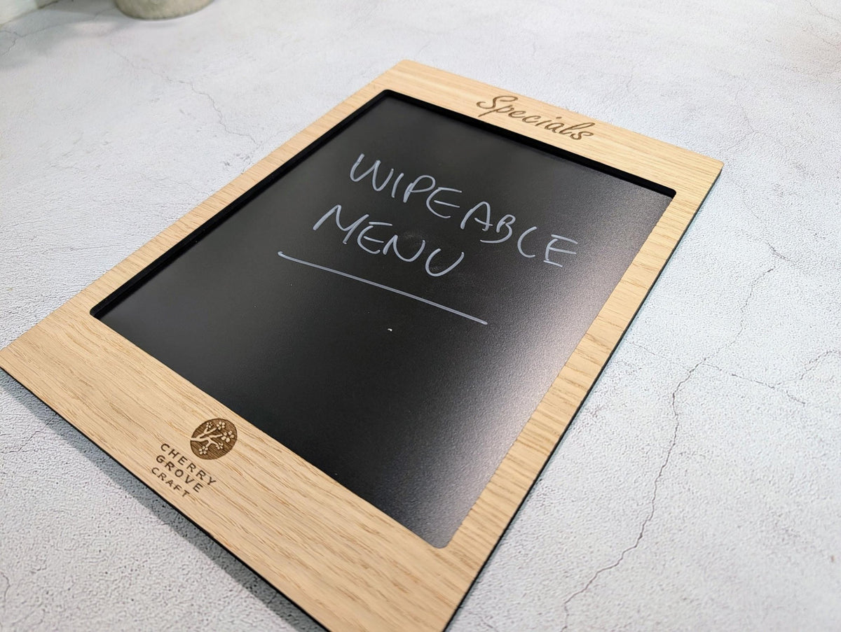 A4 portrait specials blackboard — FSC-certified oak veneered MDF face