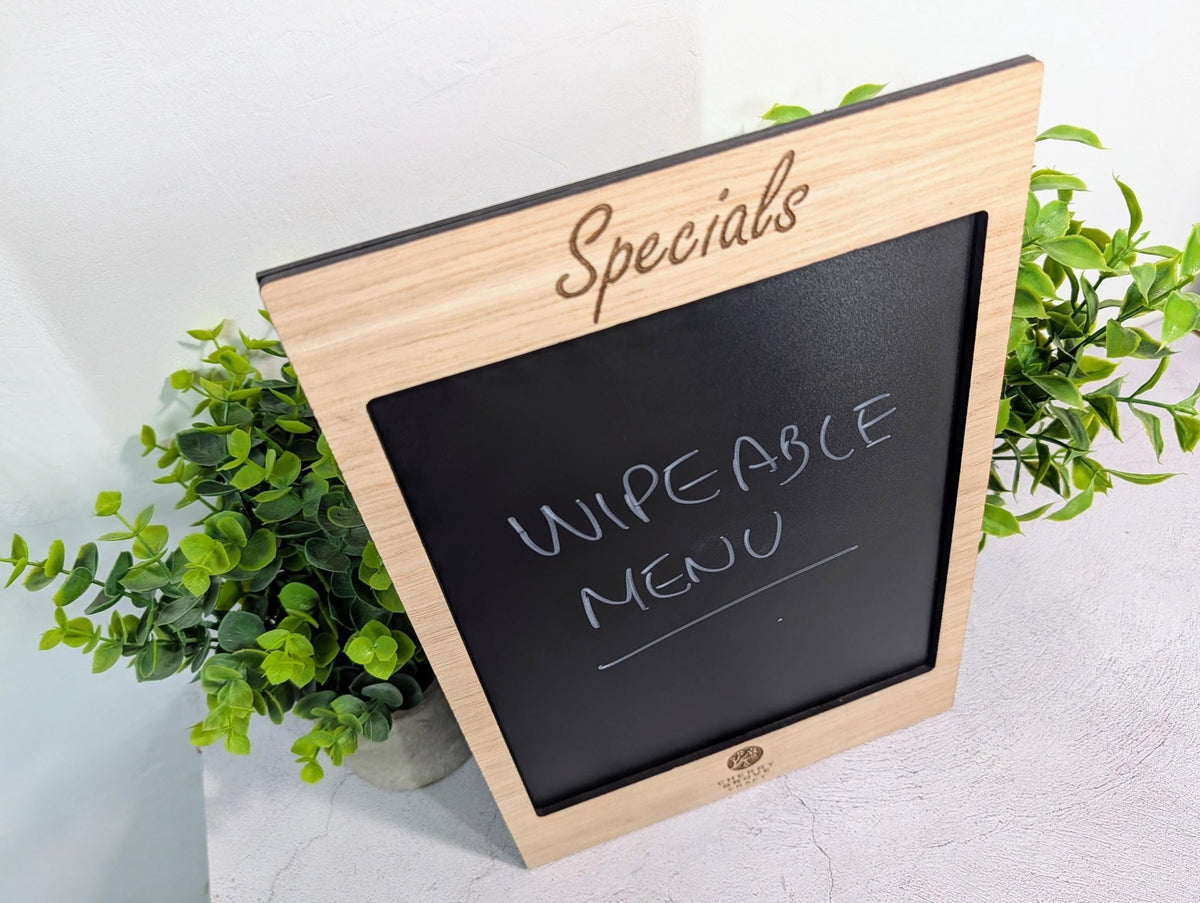 Blackboard specials board with custom engraved heading, 210x297mm