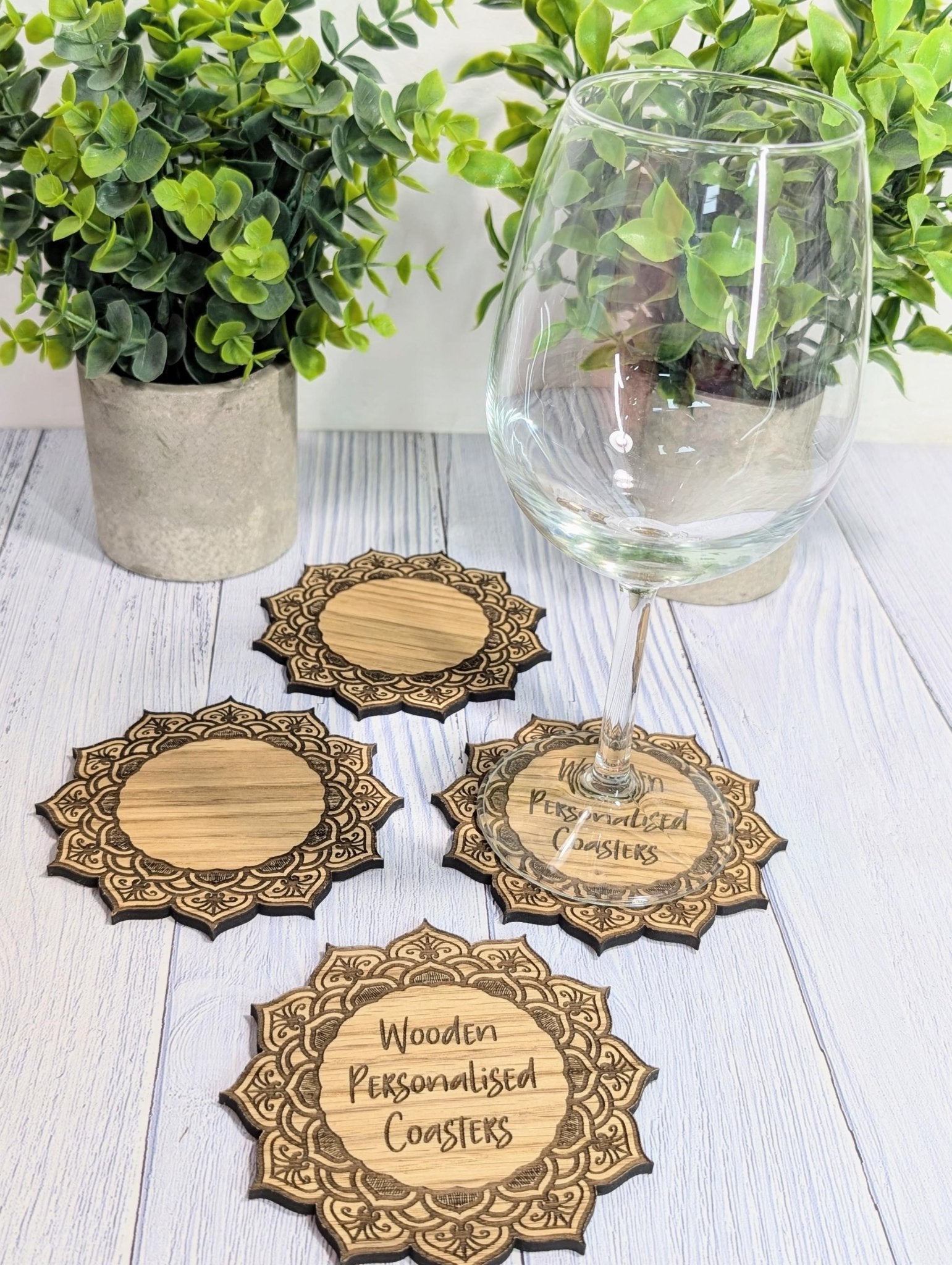 Wooden Coasters - Personalised Text – Eco - Friendly Gift, Custom Message, Engraved Border – Bespoke Sustainable Craft, 110mm Diameter - CherryGroveCraft